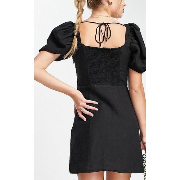And Other Stories Short Black Linen Mini Bow Knot Dress Sz 6 Eur 38 Smocked Back - Picture 5 of 8